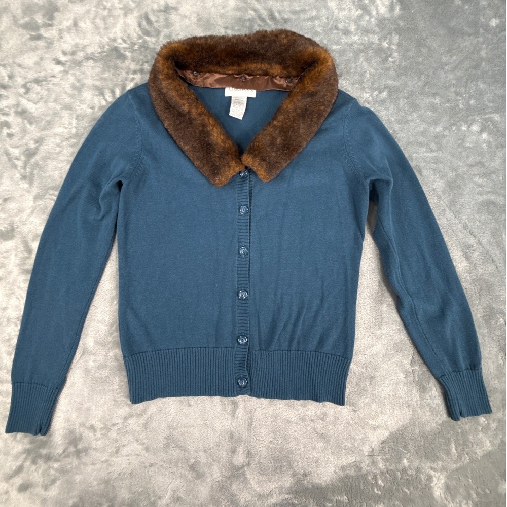 Vintage Chadwicks Teal Blue Cardigan Sweater Faux Fur Detachable‎ Collar Small